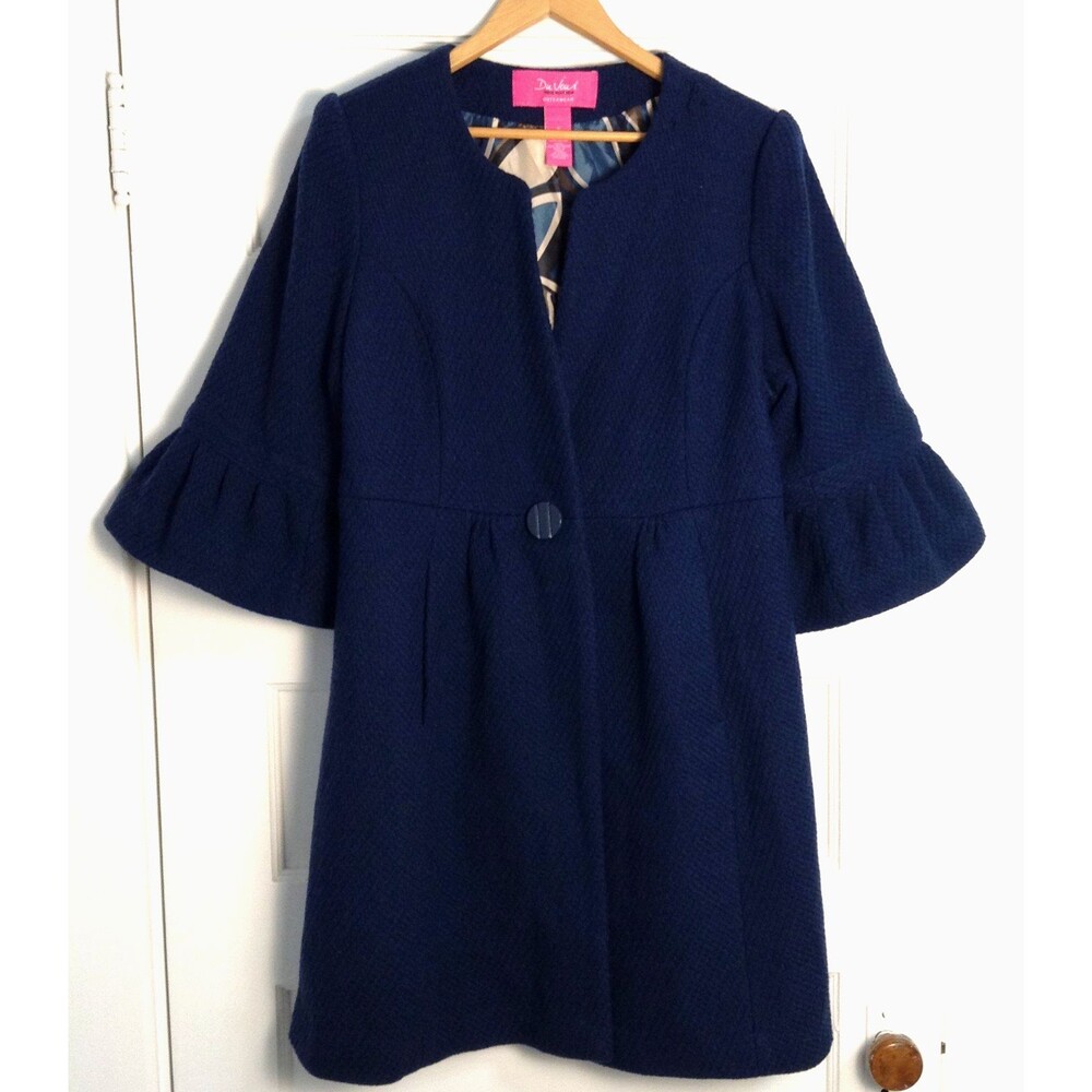 Vtg Wool Coat Women 1X Blue Lined Flare Sleeves Feminine Preppy Old Money Winter